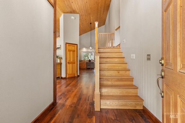 16 Meadow Ln, Boise, ID 83716 - stairway with high vaulted ceiling, wood finished floors, and wooden ceiling