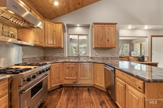 16 Meadow Ln, Boise, ID 83716 - kitchen with ventilation hood, appliances with stainless steel finishes, recessed lighting, a peninsula, and plenty of natural light