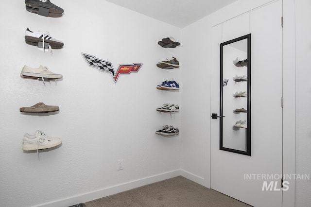 interior space with baseboards and carpet