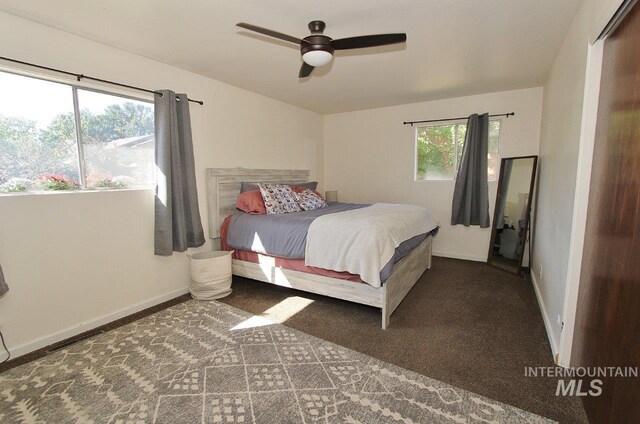 carpeted bedroom with multiple windows and ceiling fan