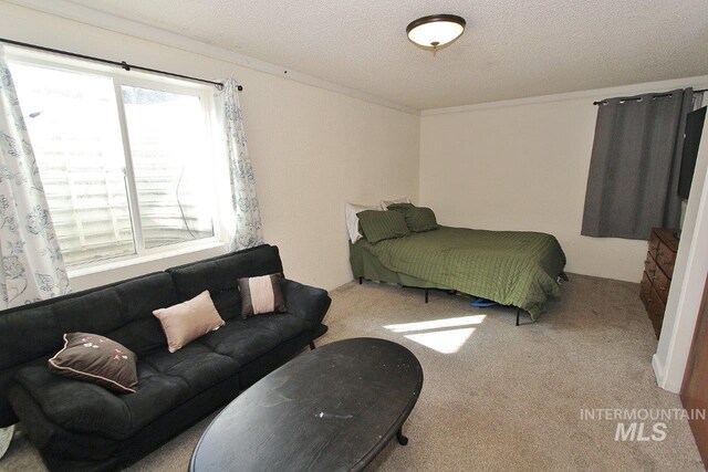 carpeted bedroom featuring a textured ceiling