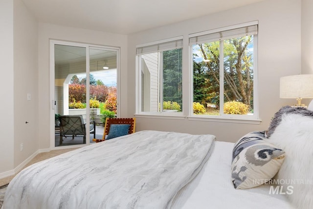 carpeted bedroom with access to exterior and multiple windows