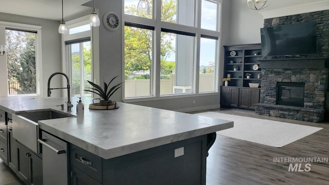 2527 E Taormina Dr, Meridian, ID 83642 - kitchen featuring a sink, decorative light fixtures, wood finished floors, a fireplace, and open floor plan