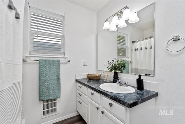 full bath featuring vanity, baseboards, and visible vents