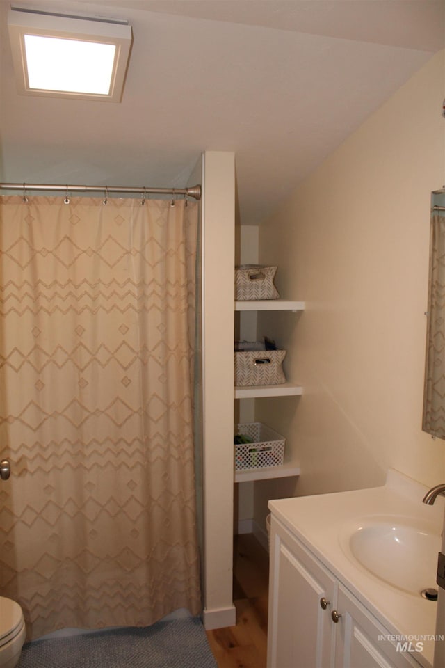 bathroom with toilet, a shower with curtain, wood-type flooring, and vanity