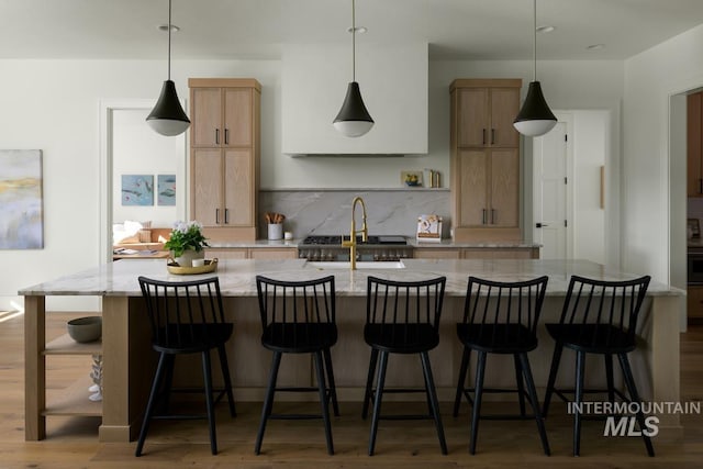 kitchen with light stone countertops, wood finished floors, a large island, backsplash, and a sink
