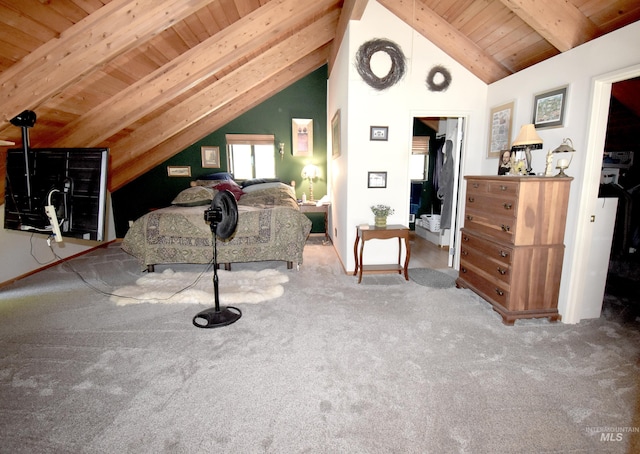 unfurnished bedroom with wooden ceiling, carpet floors, and lofted ceiling with beams