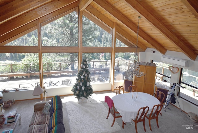 sunroom with a wall mounted air conditioner, vaulted ceiling with beams, and wooden ceiling