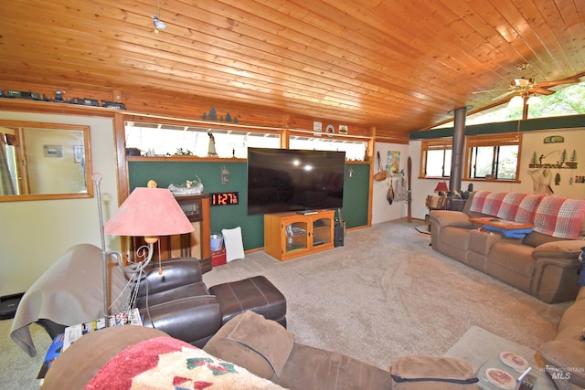 carpeted living room with lofted ceiling, ceiling fan, and wood ceiling