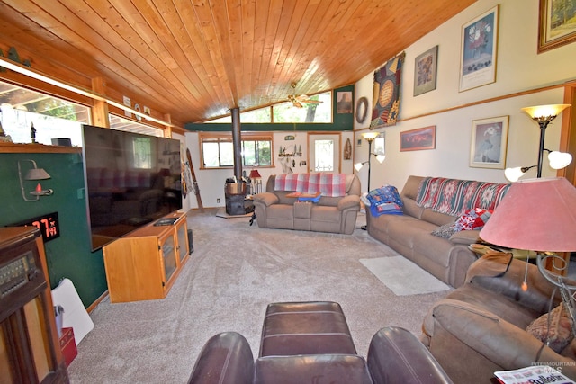 living room featuring carpet flooring, lofted ceiling, ceiling fan, and wooden ceiling