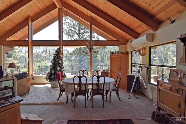 dining room with beam ceiling, a wall mounted air conditioner, an inviting chandelier, high vaulted ceiling, and light colored carpet