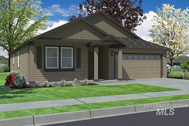 view of front of house with concrete driveway, a front lawn, an attached garage, and a shingled roof