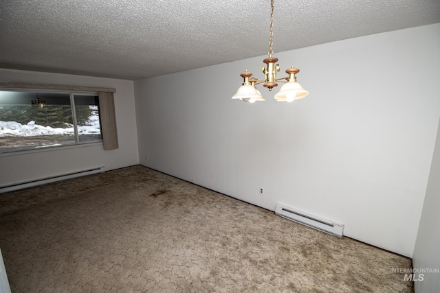 carpeted empty room with a notable chandelier, baseboard heating, and a textured ceiling