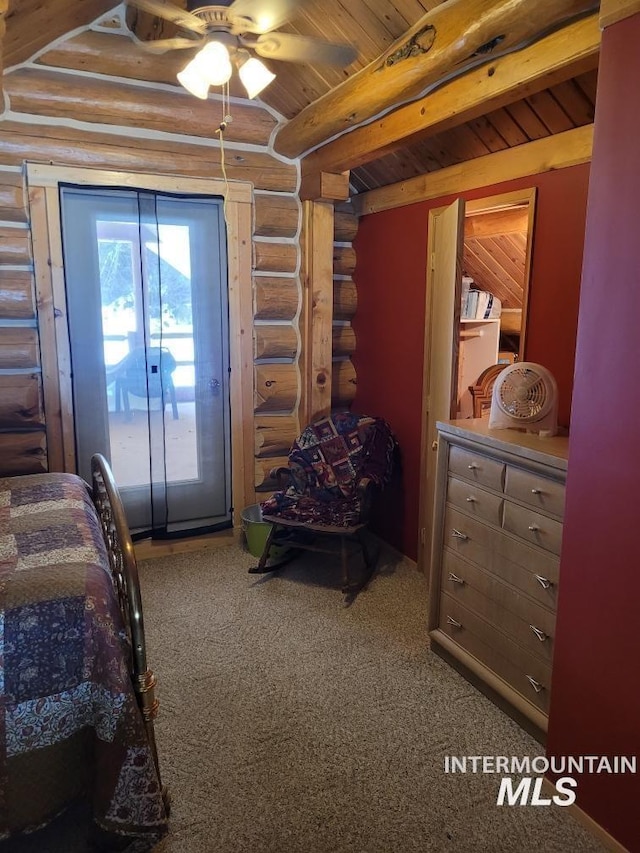 bedroom with carpet, access to outside, ceiling fan, log walls, and beamed ceiling