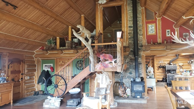 room details featuring a wood stove, wooden ceiling, beamed ceiling, and wood-type flooring