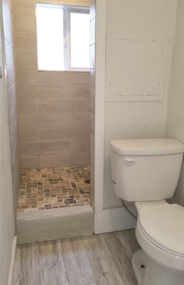3377 W Nez Perce St, Boise, ID 83705 - bathroom with wood finished floors, a shower stall, and toilet