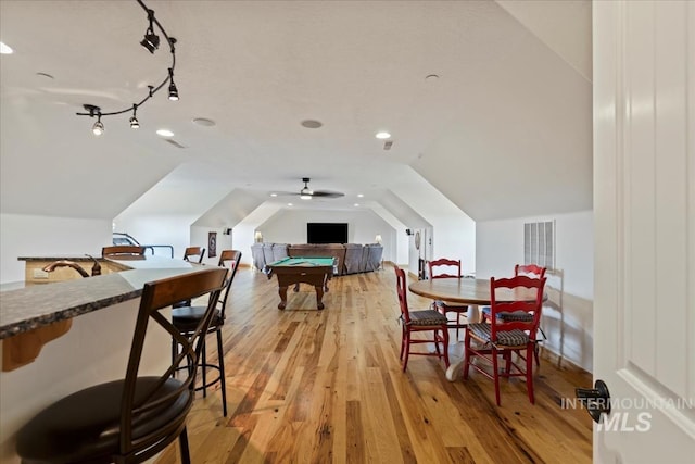 playroom featuring light wood-type flooring, billiards, a ceiling fan, and vaulted ceiling