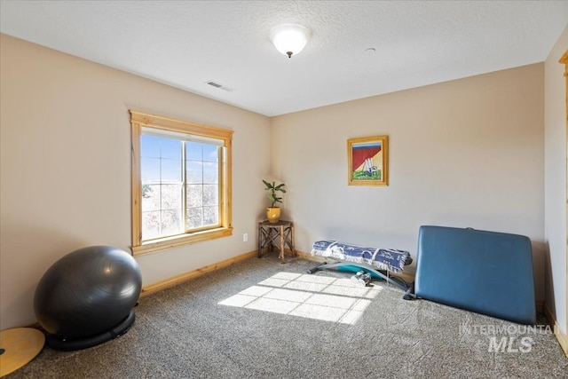 workout area featuring carpet flooring, baseboards, and visible vents