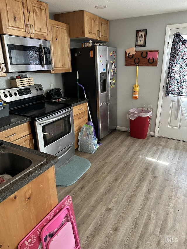 kitchen with dark countertops, light wood-type flooring, and appliances with stainless steel finishes