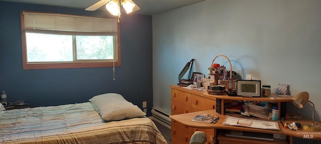 bedroom featuring ceiling fan and a baseboard heating unit