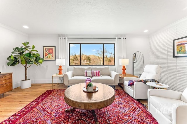 living area with light wood-style floors, ornamental molding, a textured ceiling, and baseboards