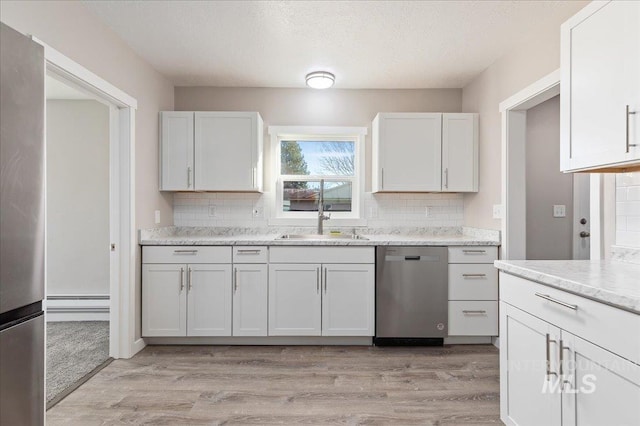 kitchen featuring sink, white cabinets, backsplash, and appliances with stainless steel finishes