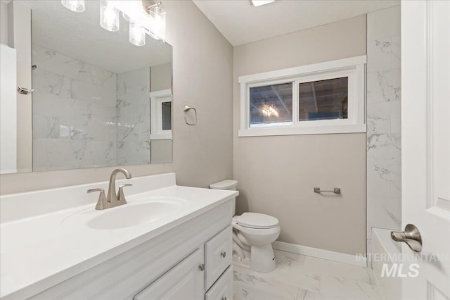 bathroom featuring toilet, a shower, and vanity