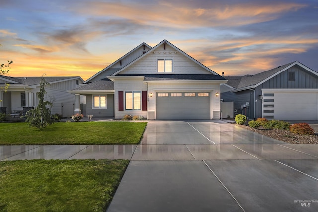 6009 W Riva Capri St, Meridian, ID 83646 - view of front facade featuring driveway, board and batten siding, a yard, a garage, and roof with shingles
