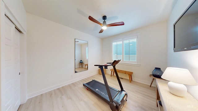 6009 W Riva Capri St, Meridian, ID 83646 - exercise area with light wood-type flooring, baseboards, and ceiling fan