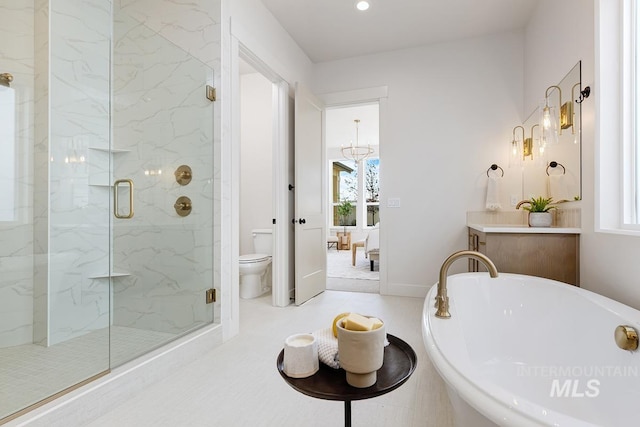 full bathroom with tile patterned floors, independent shower and bath, vanity, and toilet