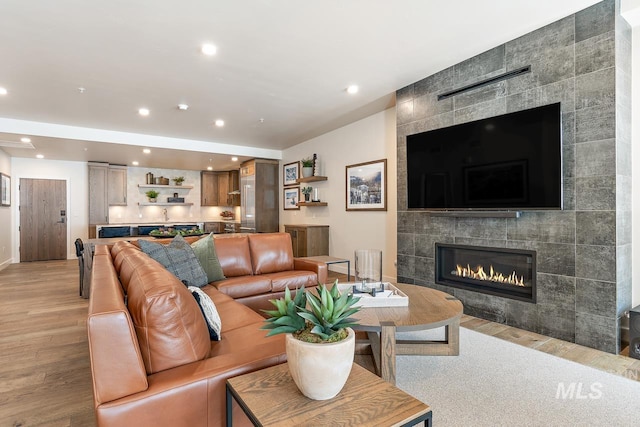 living room with a tile fireplace and light wood-type flooring