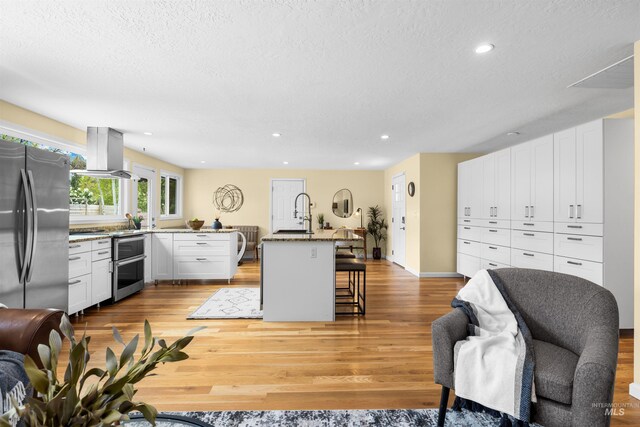 kitchen featuring a sink, light wood finished floors, a kitchen breakfast bar, freestanding refrigerator, and island exhaust hood