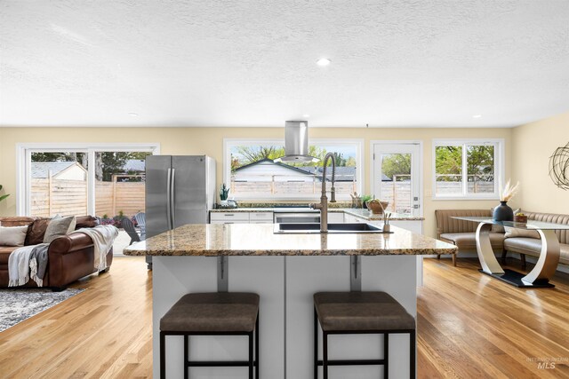 kitchen with plenty of natural light, a sink, freestanding refrigerator, and light wood-type flooring