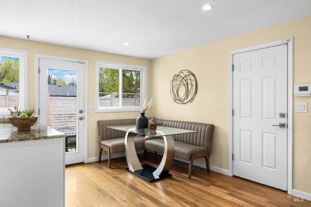 living area with baseboards, recessed lighting, and light wood finished floors