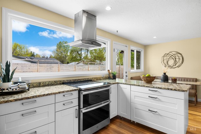 kitchen featuring light stone countertops, double oven range, island exhaust hood, and dark wood-style floors