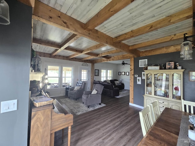 living area featuring dark wood finished floors, plenty of natural light, beam ceiling, and ceiling fan