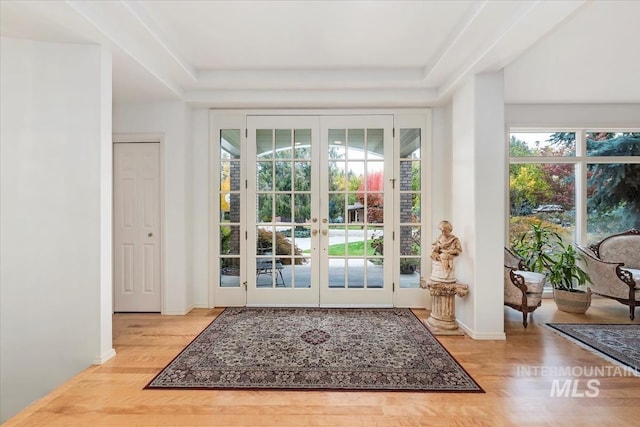 doorway to outside with french doors and hardwood / wood-style floors