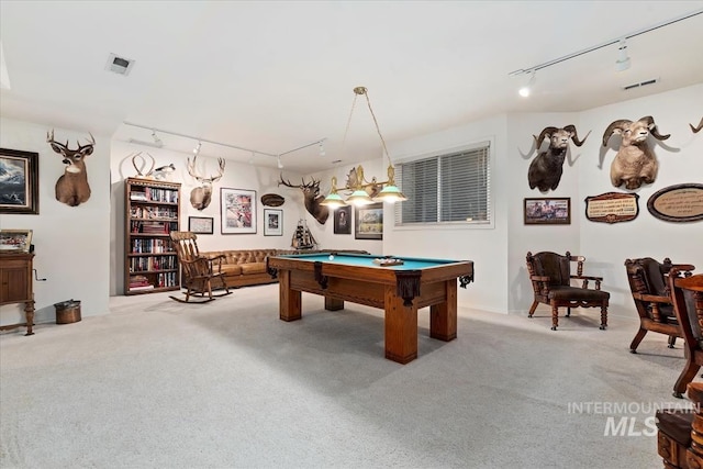 rec room with light colored carpet, rail lighting, and billiards