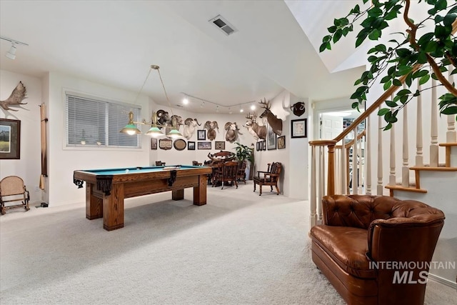 rec room featuring carpet floors and billiards