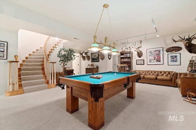 recreation room with light carpet, rail lighting, and billiards