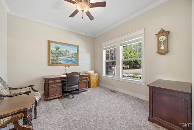 1573 E Commander St, Meridian, ID 83646 - home office featuring a ceiling fan, ornamental molding, light carpet, and baseboards