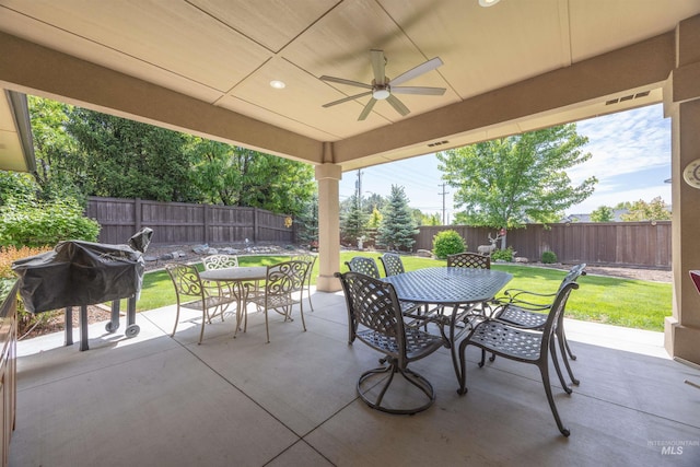 1573 E Commander St, Meridian, ID 83646 - view of patio / terrace featuring outdoor dining space, a ceiling fan, and area for grilling