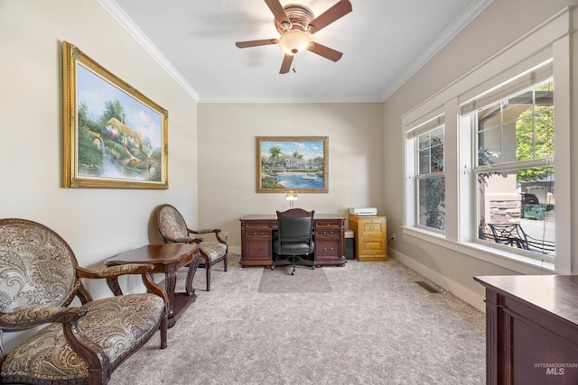1573 E Commander St, Meridian, ID 83646 - office with light carpet, crown molding, plenty of natural light, ceiling fan, and baseboards