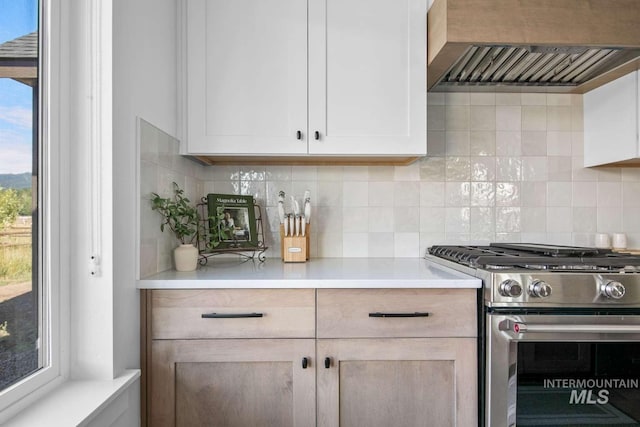 kitchen with light brown cabinets, backsplash, premium range hood, and high end stainless steel range oven