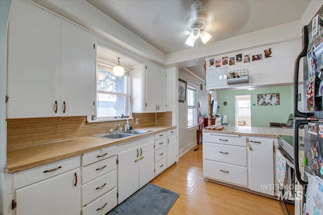 kitchen featuring a sink, light wood-style floors, a wealth of natural light, and ceiling fan