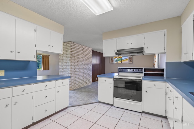1332 Burrell Ave, Lewiston, ID 83501 - kitchen with electric stove, under cabinet range hood, light carpet, a textured ceiling, and white cabinetry