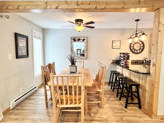 301 N Mission St Unit C3, Mccall, ID 83638 - dining area with a baseboard radiator, light wood-style flooring, and a ceiling fan
