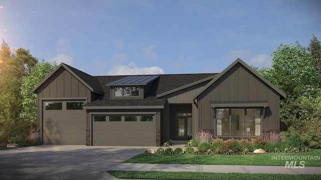7760 W Flathead Lake St, Eagle, ID 83616 - view of front of property featuring board and batten siding, concrete driveway, roof with shingles, an attached garage, and stone siding