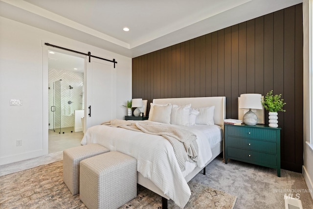 7760 W Flathead Lake St, Eagle, ID 83616 - carpeted bedroom with a barn door, recessed lighting, and ensuite bath