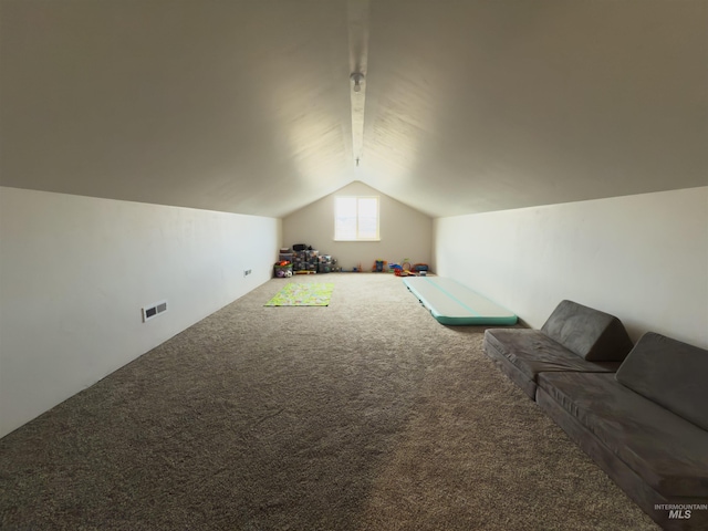 interior space with vaulted ceiling and carpet flooring